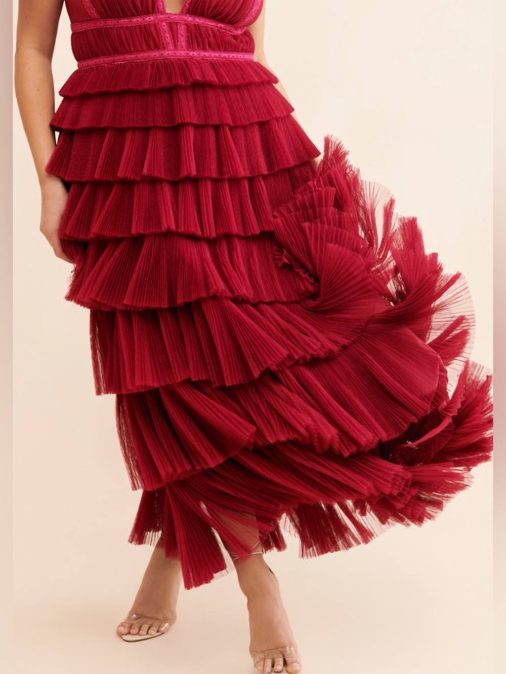 NWT Hutch Charley Deep-V Pleated Raspberry Tiered Tulle Maxi Dress Size 6P - Picture 11 of 13